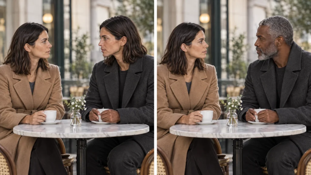 Two versions of a two-shot, left with the man borrowing the woman's face and hair, right with the two characters correctly distinct