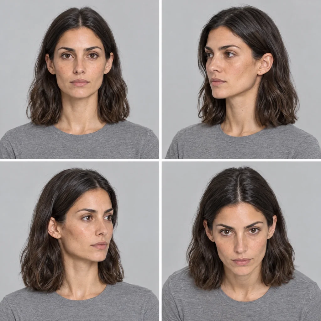Four tight close-up portraits of one AI character at different angles for Soul ID training