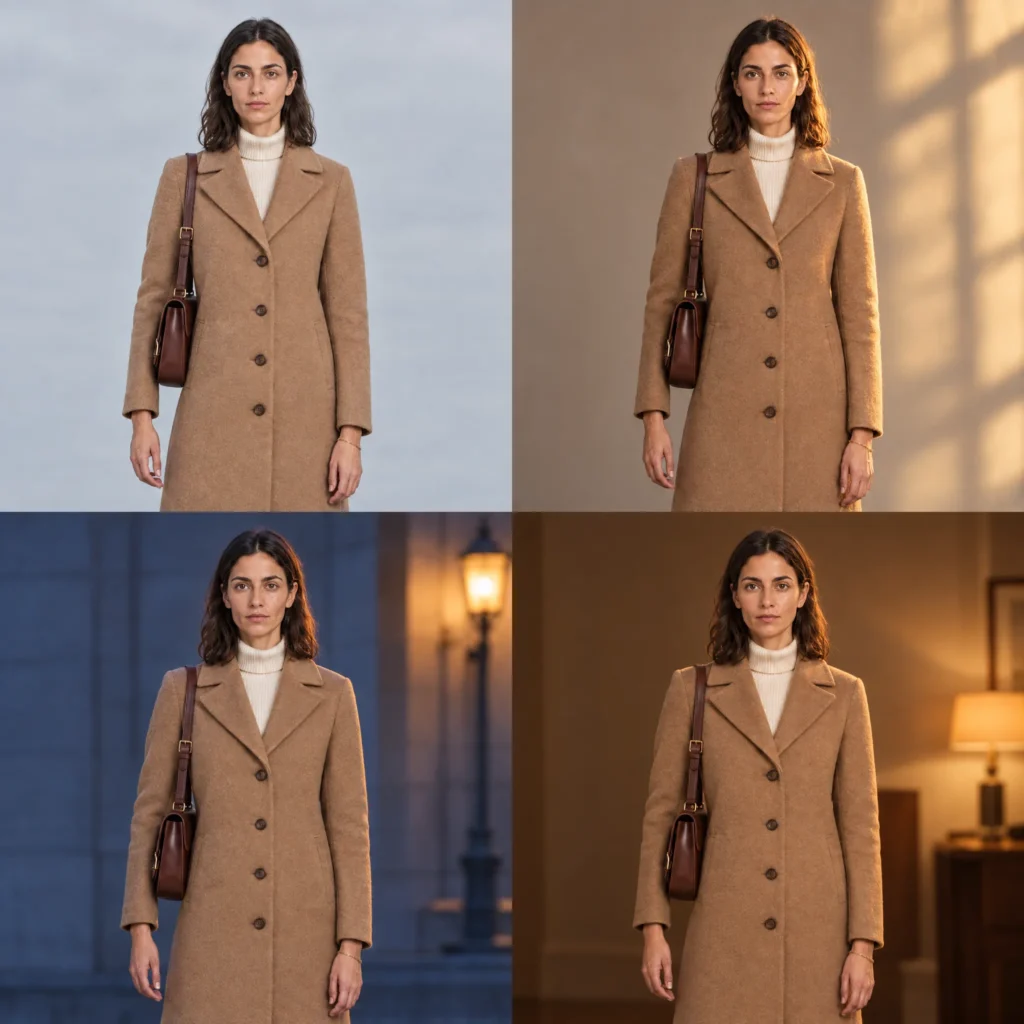 The same AI character under four lighting conditions