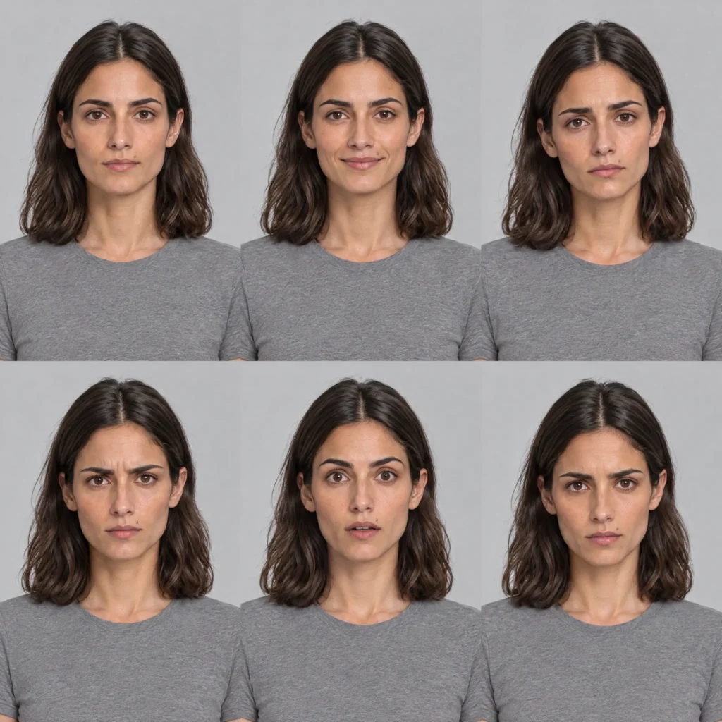 AI character expression sheet with six subtle cinematic expressions