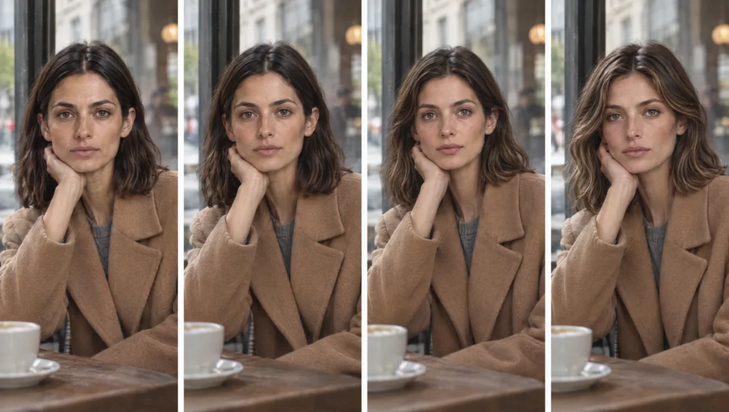 Four frames of one AI character where the face drifts a little further in each, showing face consistency failing