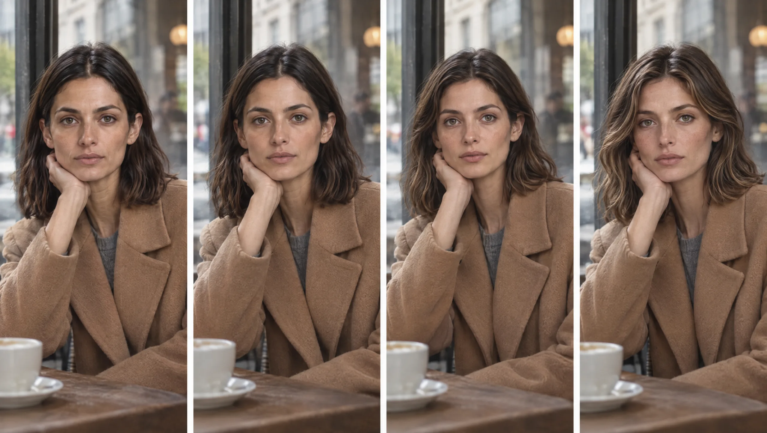 Four frames of one AI character where the face drifts a little further in each, showing face consistency failing