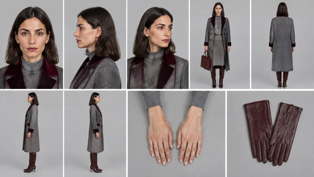 Nine-panel AI character sheet of a woman in a grey herringbone coat with a burgundy velvet collar, grey knit dress, burgundy boots and bag, built from the script