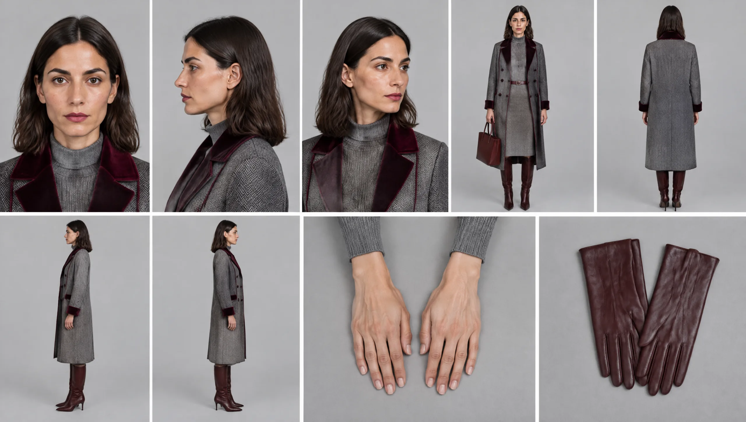 Nine-panel AI character sheet of a woman with soft shoulder-length dark hair in a grey herringbone coat with a burgundy velvet collar, grey knit dress, burgundy boots and bag, built from the script