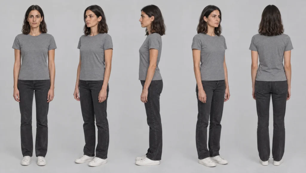 AI character identity turnaround: front, three-quarter, profile and back views in a grey T-shirt
