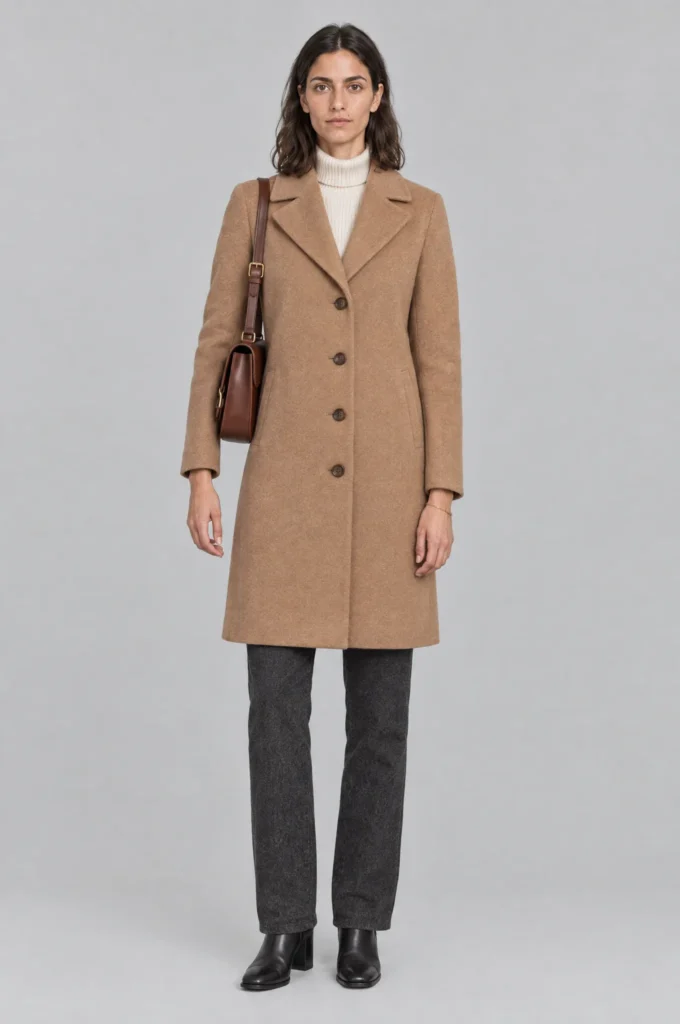 Full-length studio photograph of an AI character in a camel overcoat, the approved master key frame