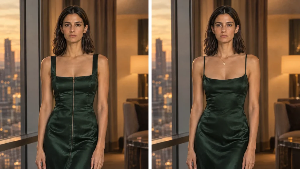 The same AI character scene twice, left with drifted dress details and right corrected to match the outfit sheet