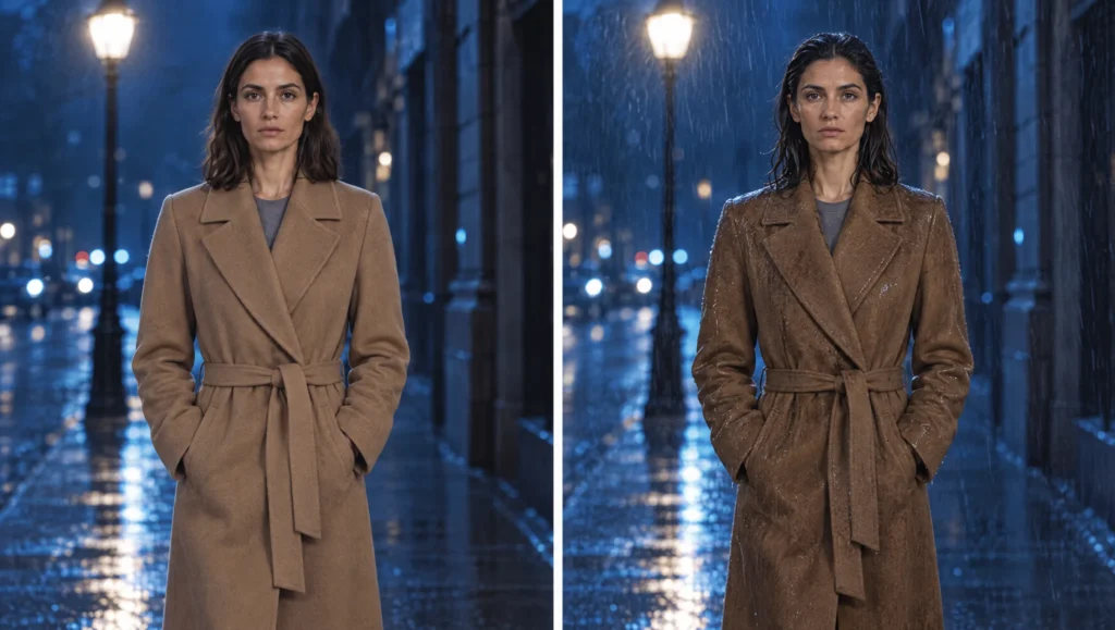 The same AI character in the same camel coat, dry on the left and soaked through on the right, an outfit state variant