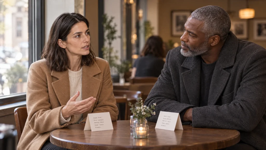 Two AI characters in conversation at a cafe table, each with a printed voice lock card beside them