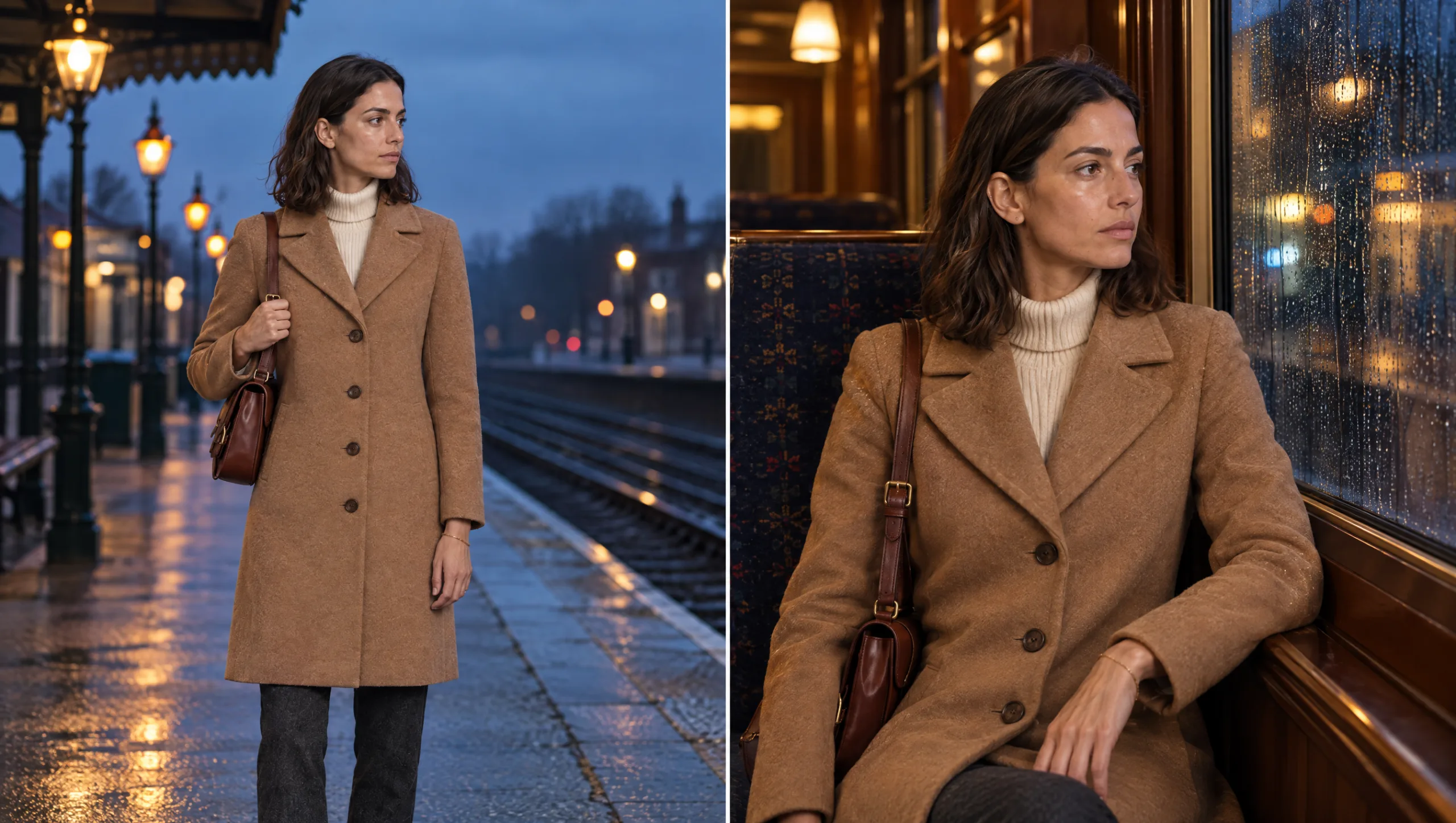 AI character wearing the same camel overcoat in two different scenes, showing consistent wardrobe