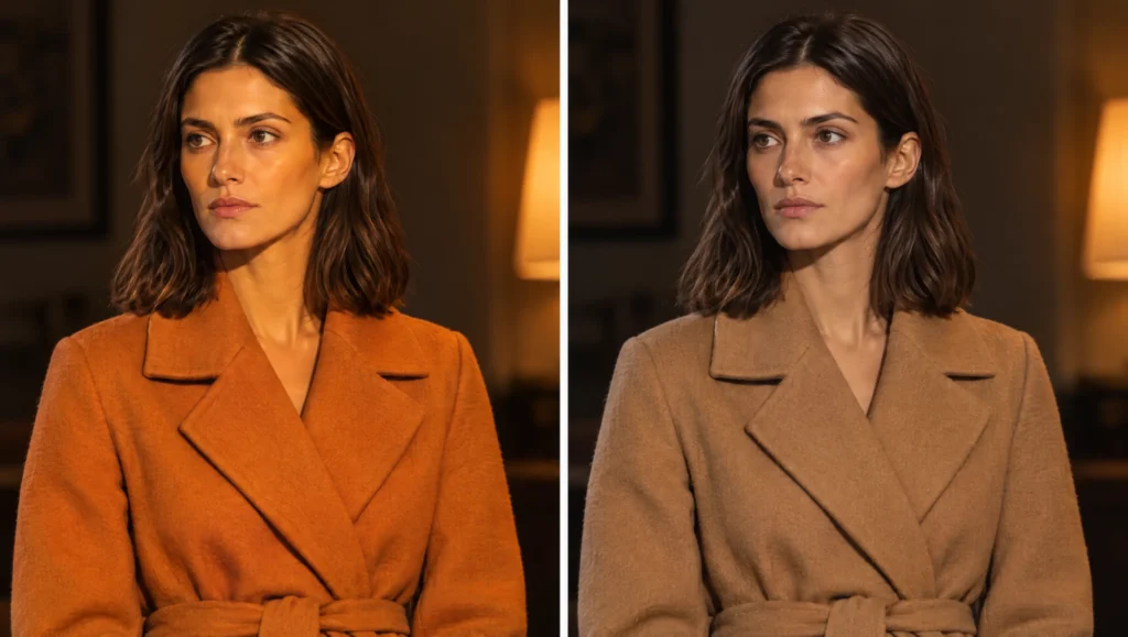 The same AI close-up under tungsten light, left with the coat gone orange and skin yellow, right with the colour anchor holding camel and natural skin