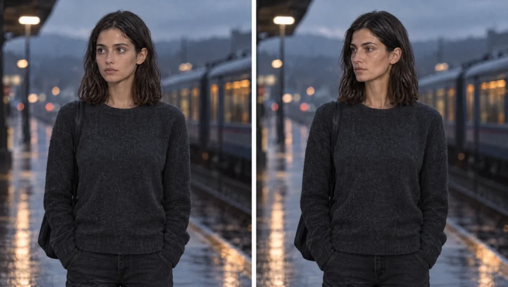 The same AI scene twice, left with a drifted face and right with the face corrected to match the turnaround