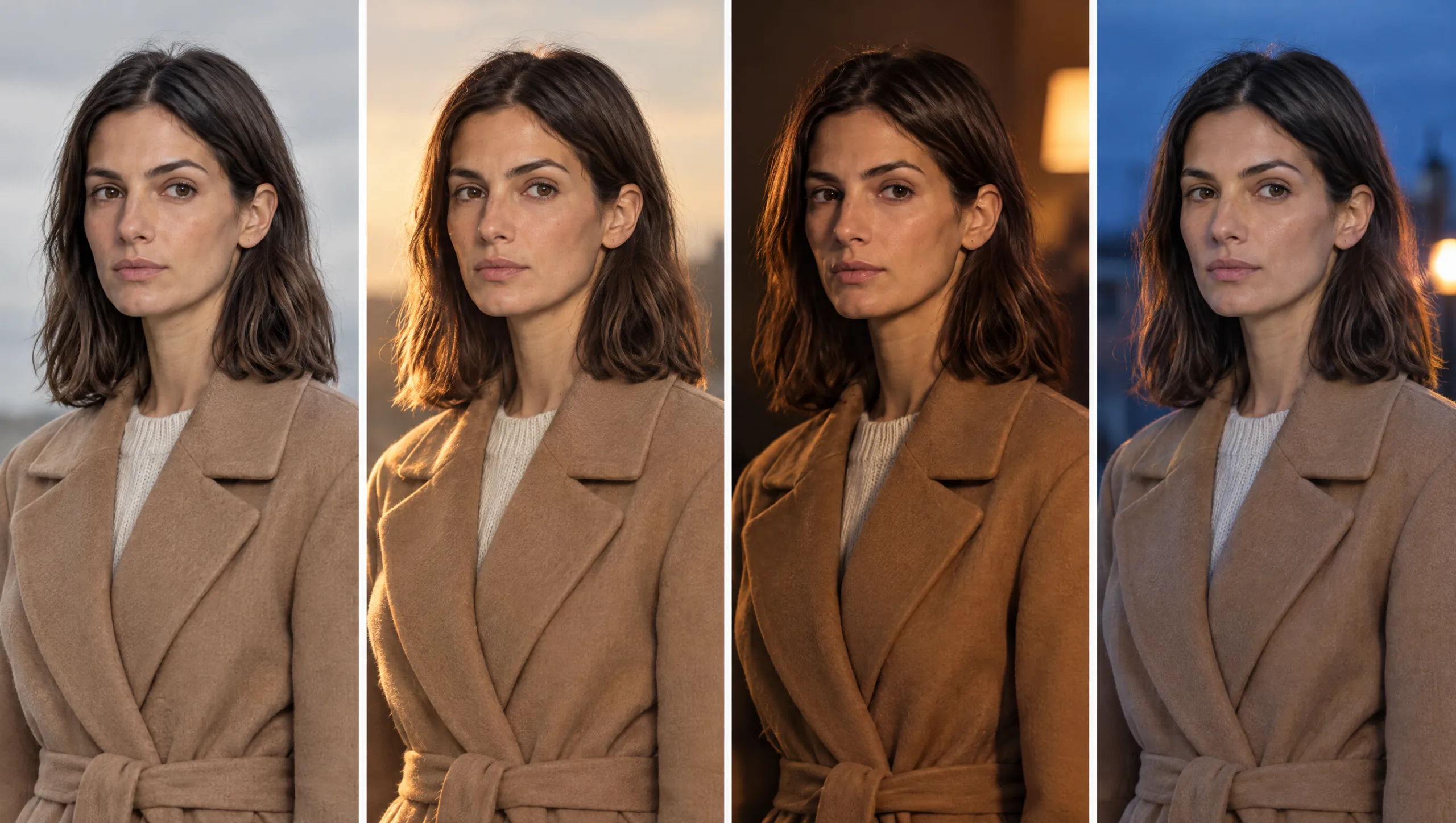 The same AI character under four lighting lines with skin tone and coat colour held consistent