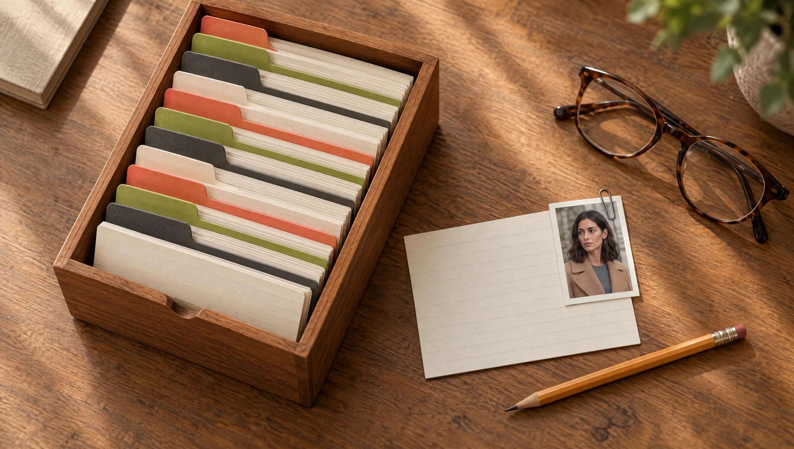 An index-card prompt library sorted into eleven colour-tabbed sections, one card pulled out with its result frame clipped on
