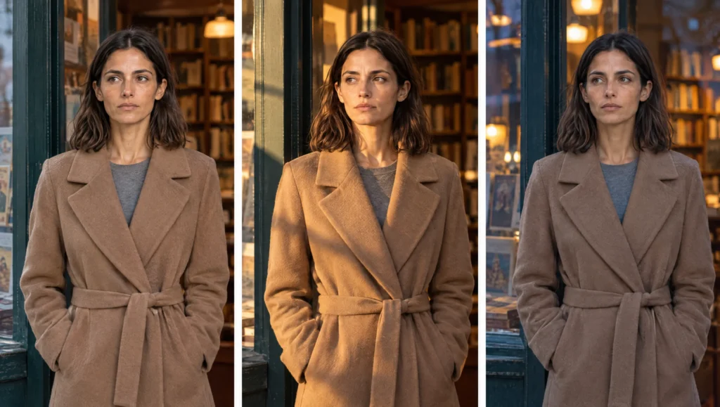The same AI shot under three different lighting lines: soft overcast, golden hour and cool dusk