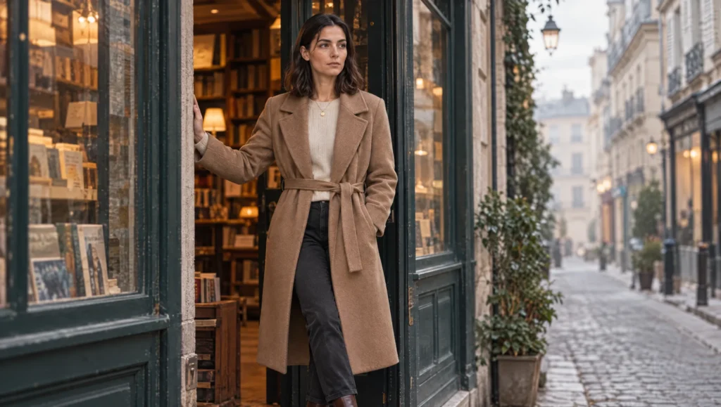 AI character in a camel coat at a bookshop door on a European street, a scene generated with the scene formula