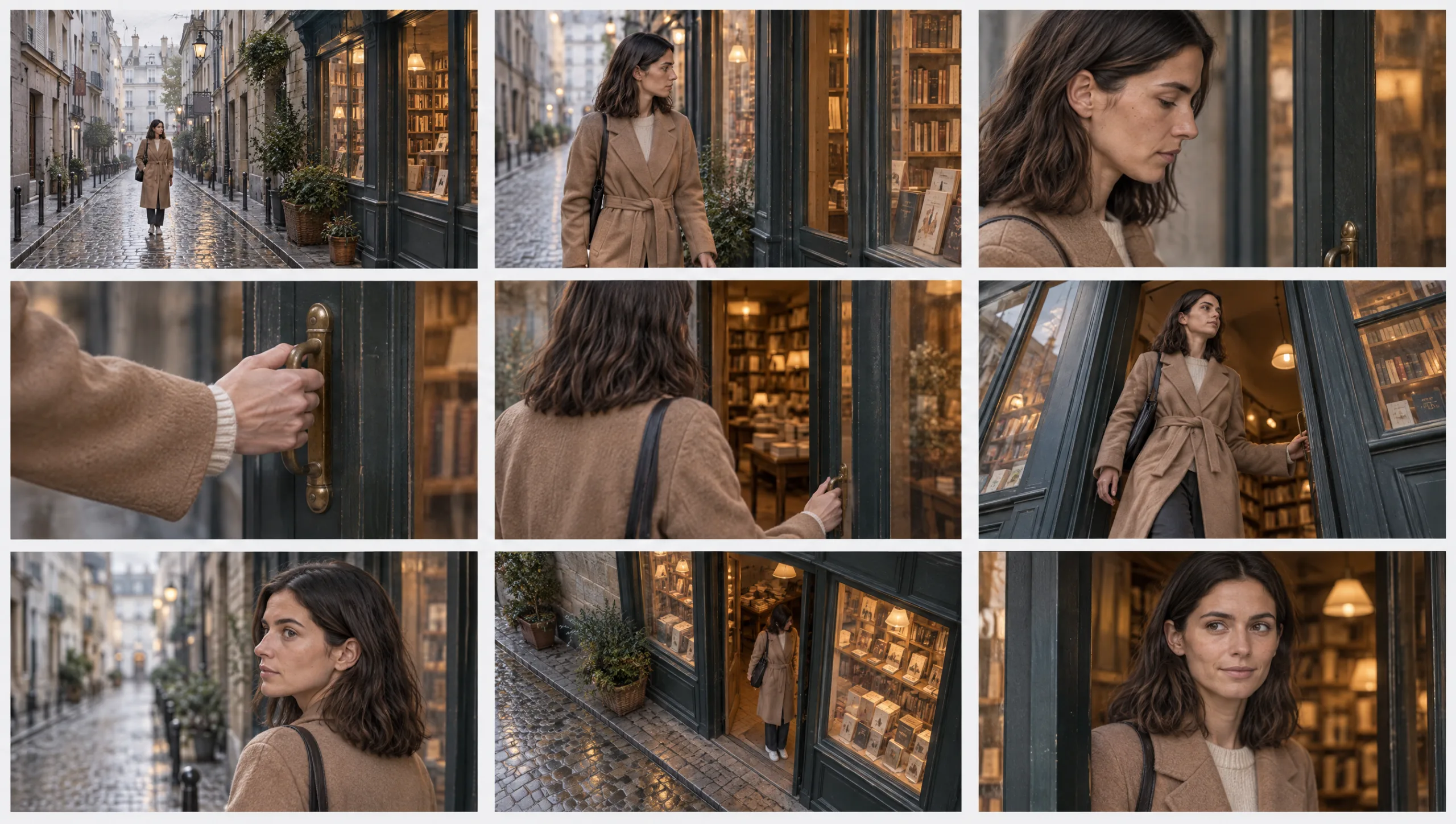 Nine-panel storyboard of an AI short film scene in shooting order, the visual form of a shot list