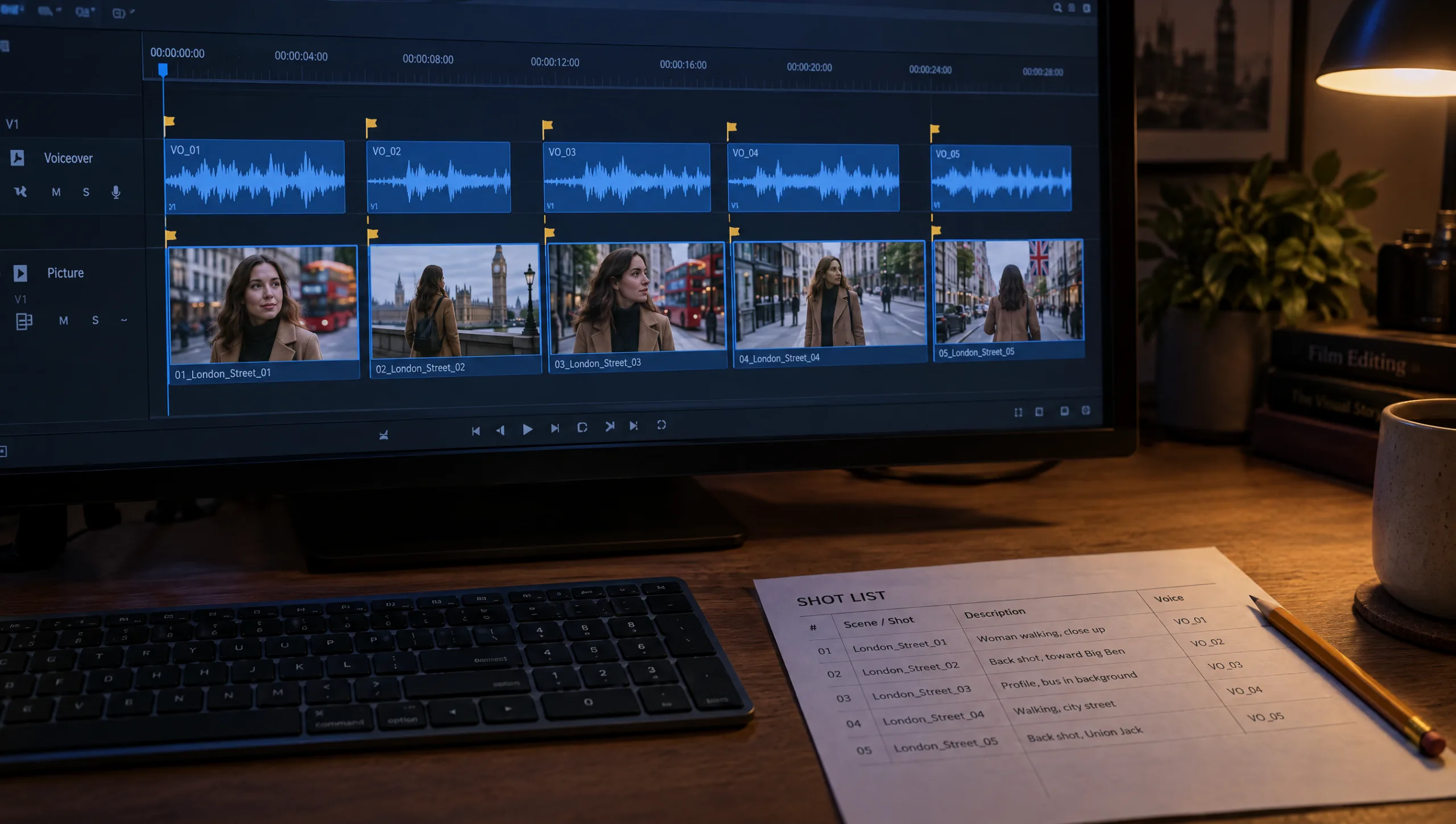 An editing timeline with a voiceover track cut into lines and five video clips aligned to the gaps between them