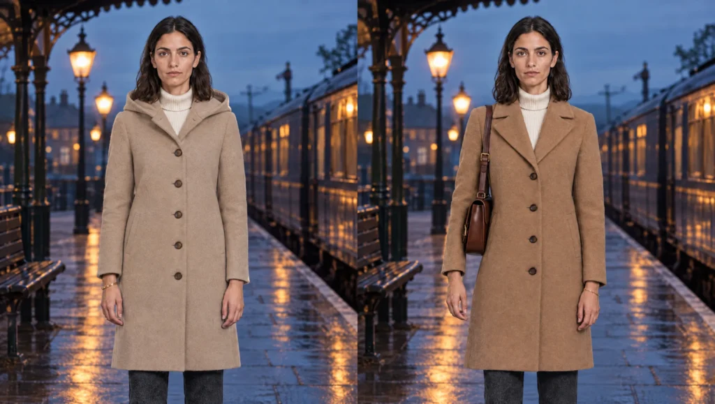 Before and after correction of AI character wardrobe drift, with the coat buttons and bracelet restored