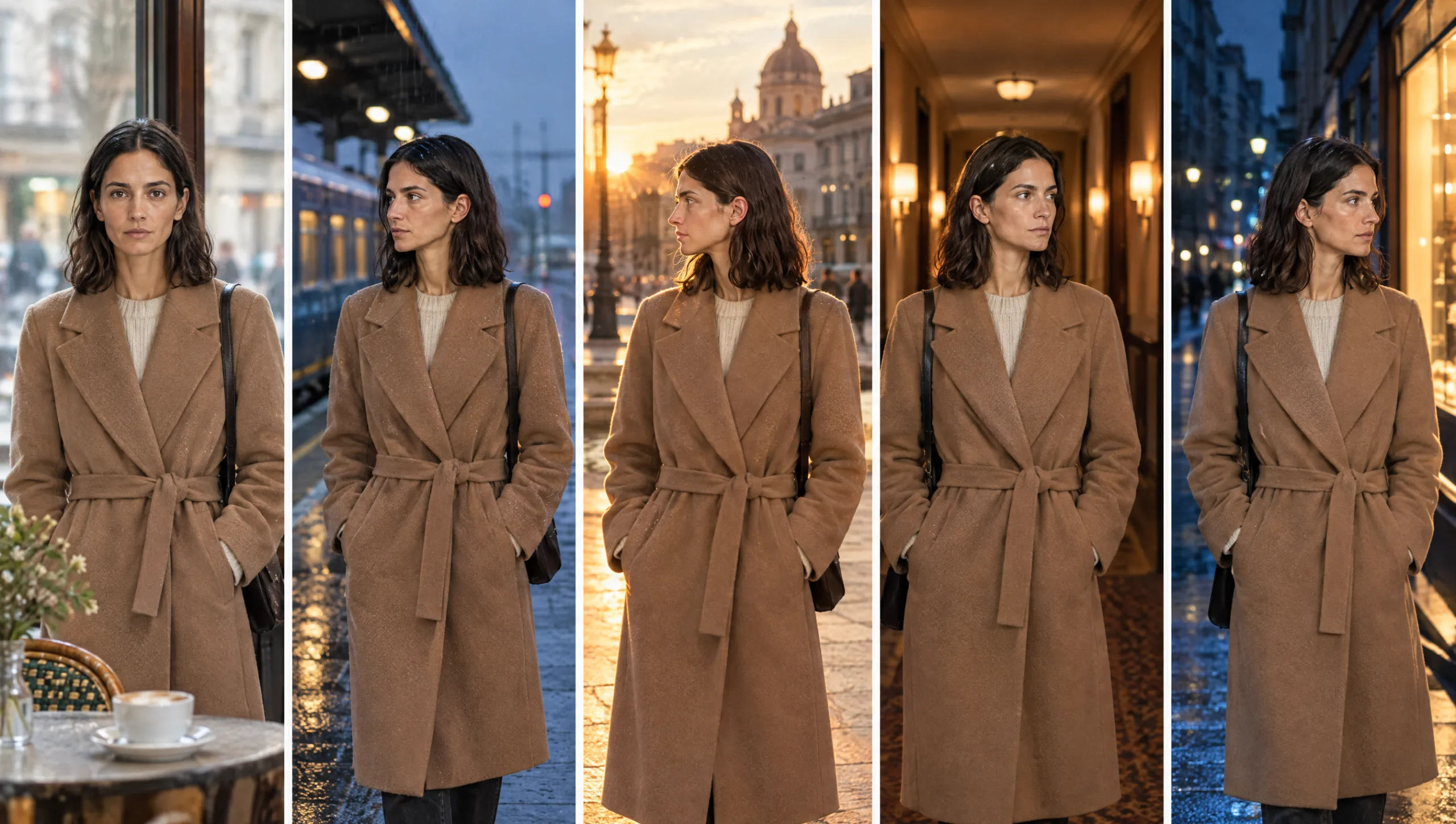 The same AI character in five different scenes with an identical face and outfit, a consistent AI character