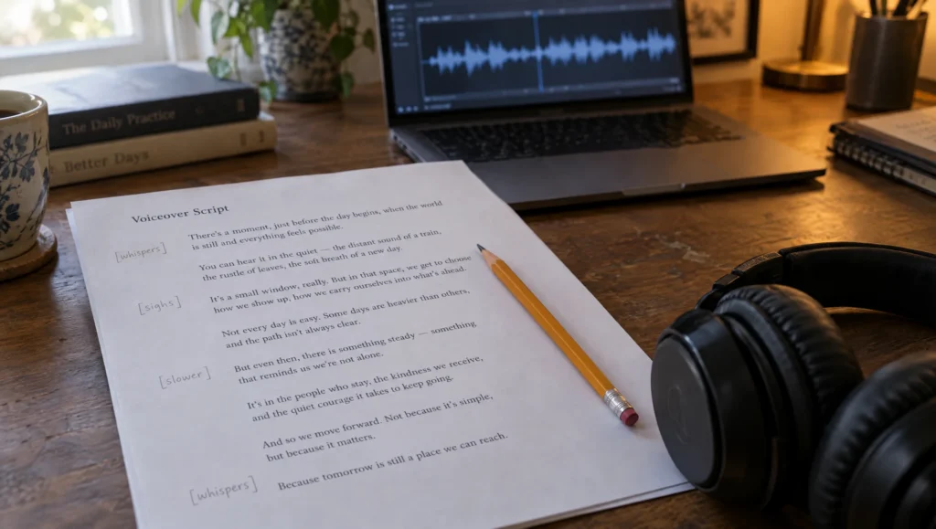 A printed voiceover script with audio tag directions written in the margins, headphones resting on the page