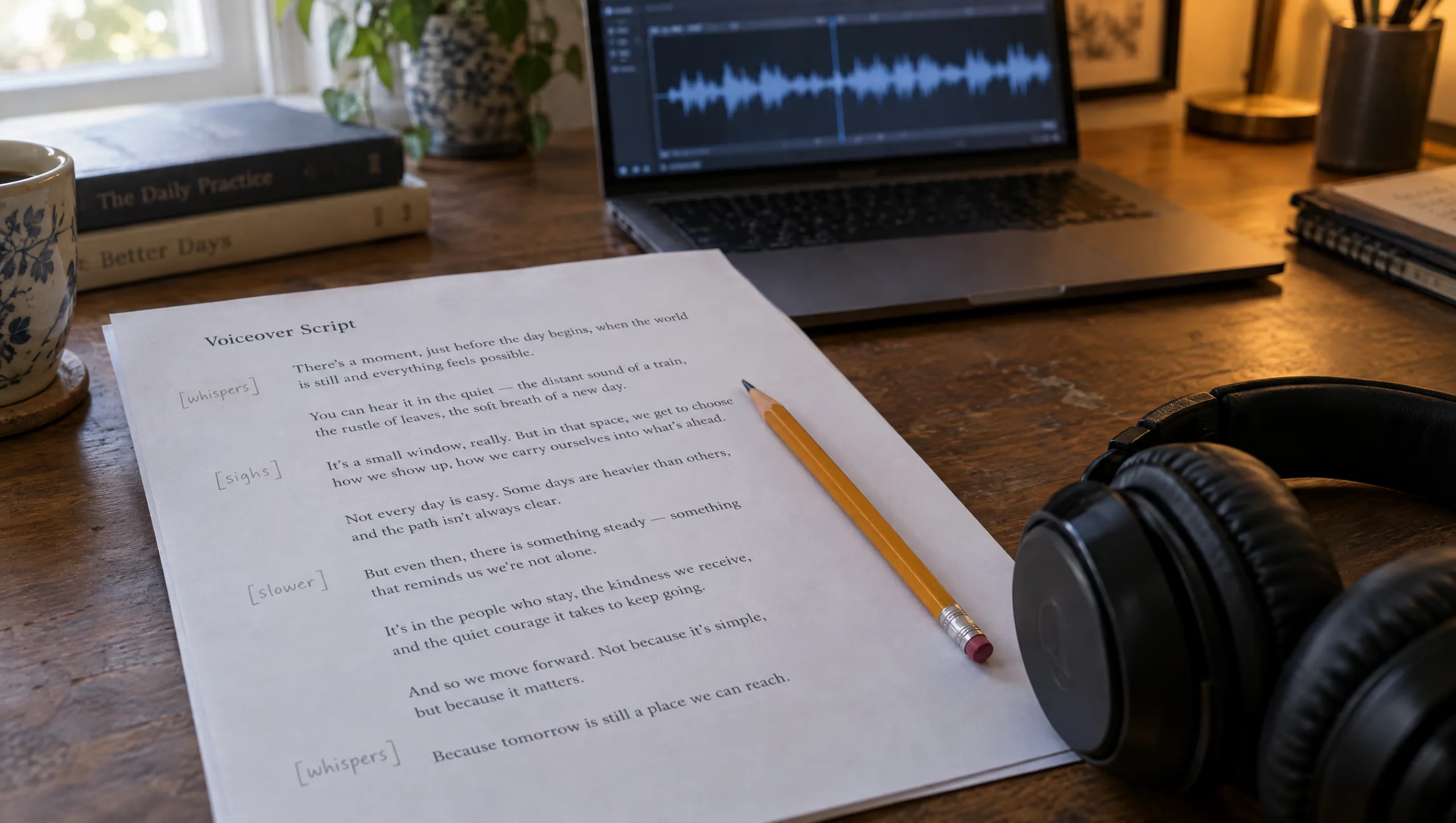 A printed voiceover script with audio tag directions written in the margins, headphones resting on the page