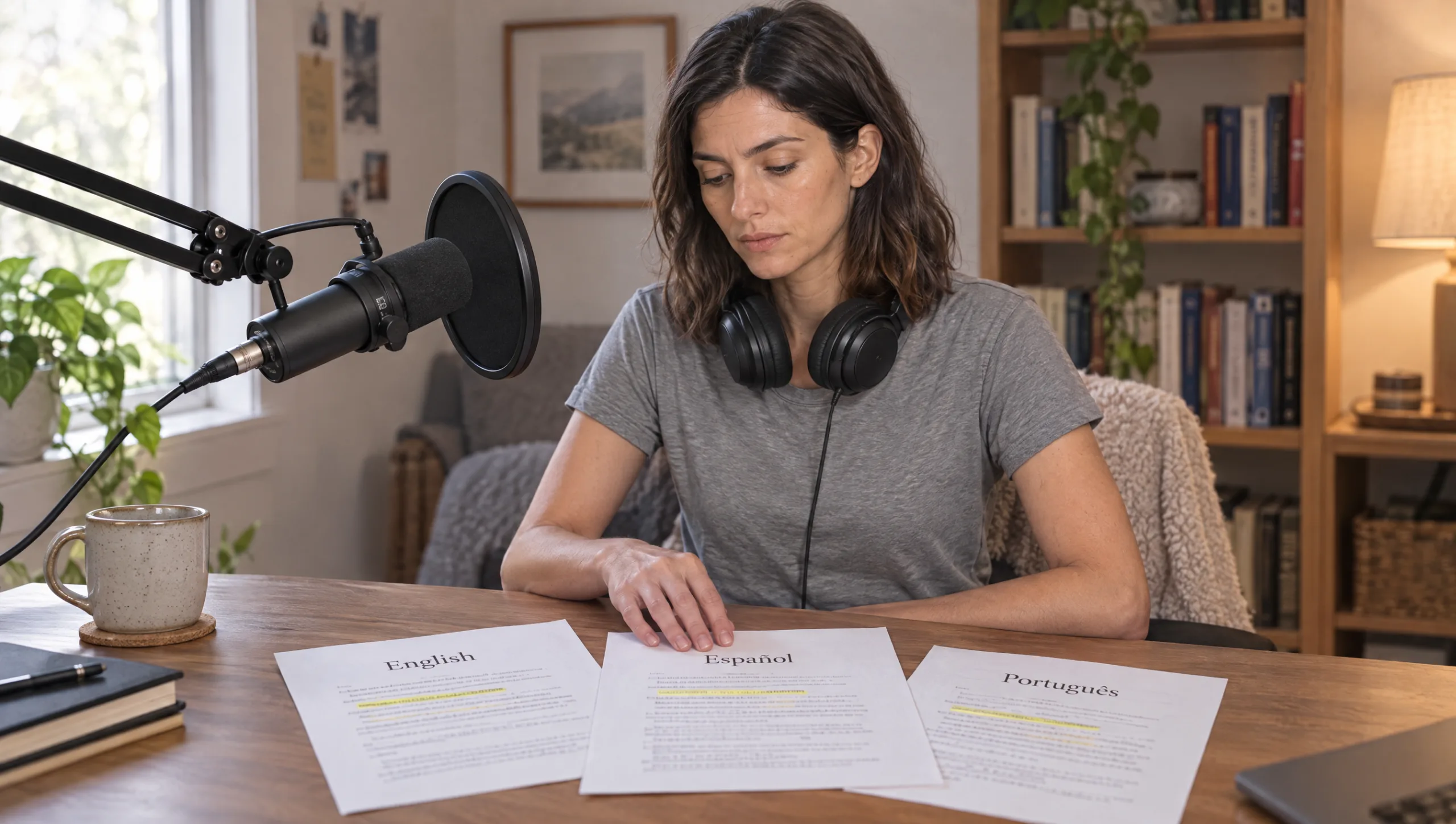 A woman at a microphone with three voiceover scripts in different languages fanned on the desk