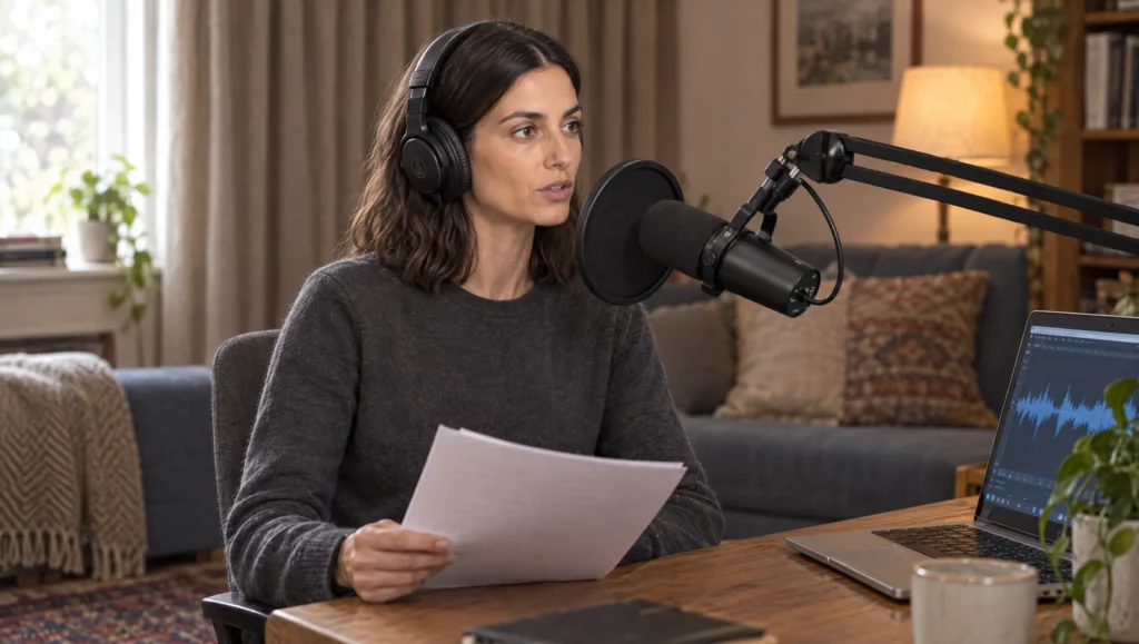 A woman recording a voice clone script at a microphone with a pop filter in a quiet, soft-furnished room