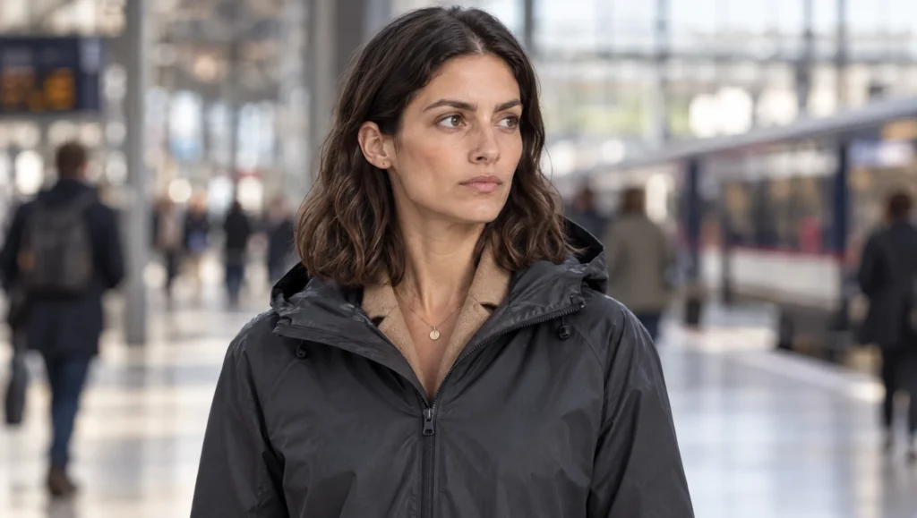AI character in a charcoal rain jacket with a camel coat collar creeping back under it, an example of reference contamination