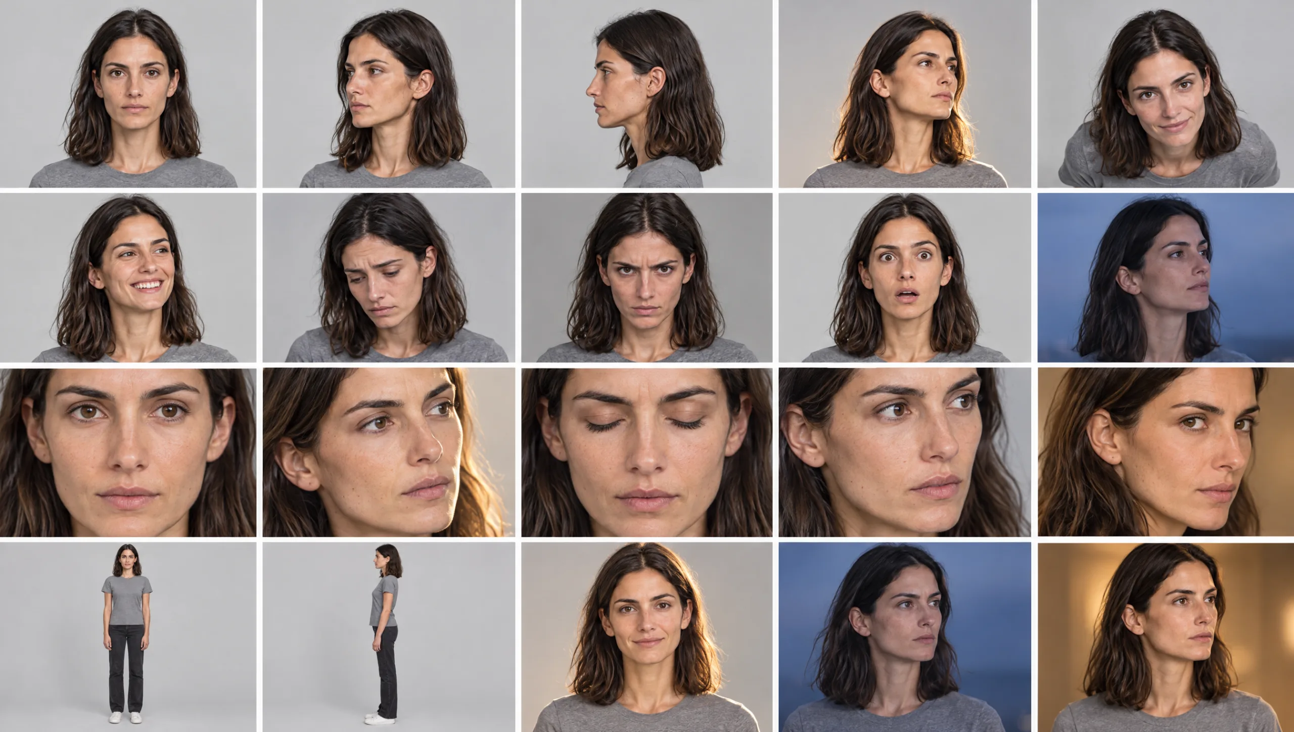 Twenty cropped identity images of one AI character, the training set for a Higgsfield Soul ID