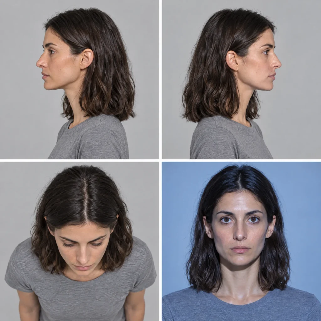 Identity gap sheet of an AI character with left profile, right profile, high angle and cool blue light frames