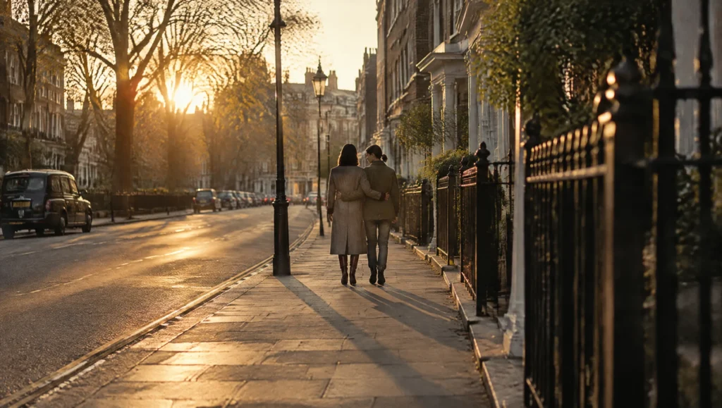 Callback extreme wide shot of a mother and daughter walking away together arm in arm on the London street where one was alone