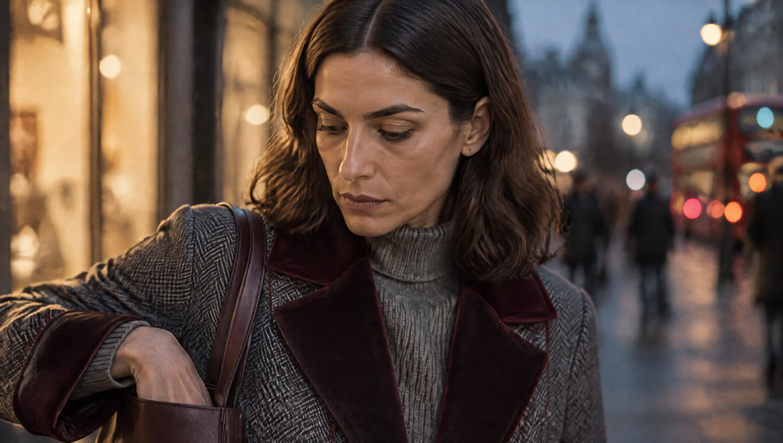 Close-up of a woman on a London street at dusk realising her phone is gone, the moment before connection arrives