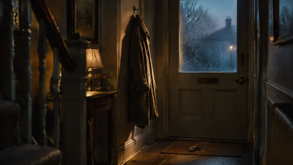 A coat still hanging on a hook by a front door, kept there because moving it would make an absence real