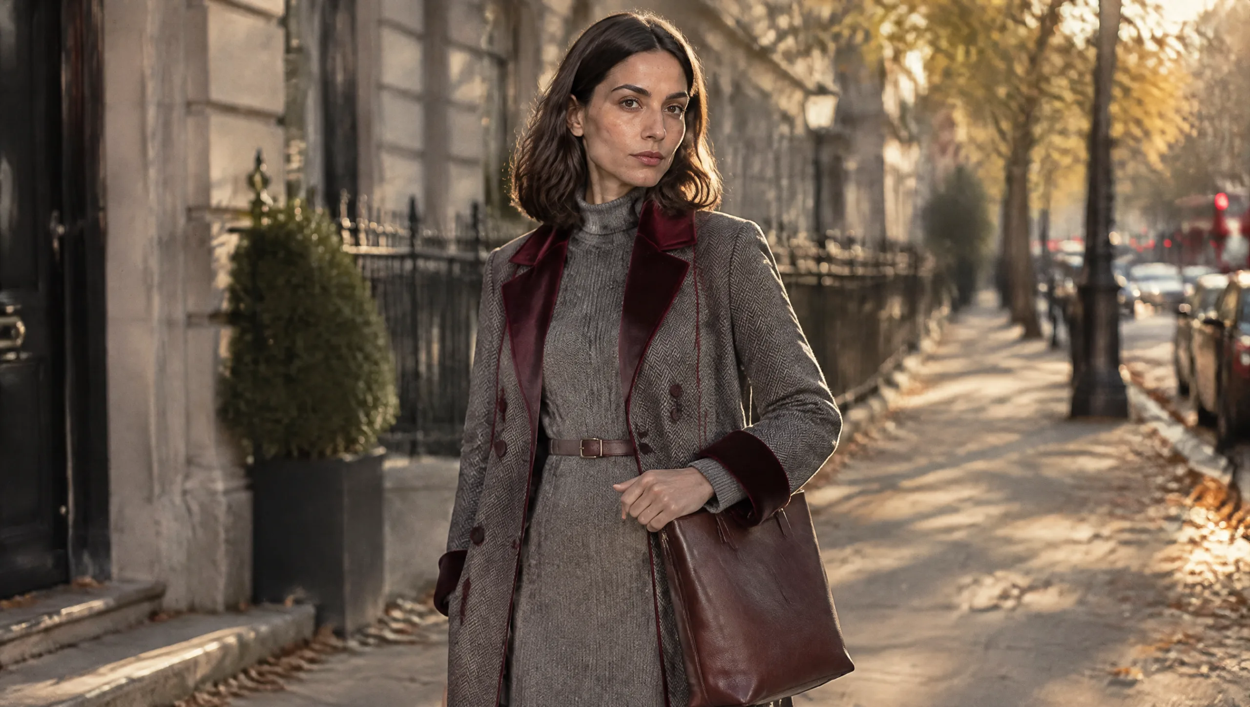 Cowboy shot from mid-thigh up of a woman with her hand resting on the zip of her burgundy leather bag