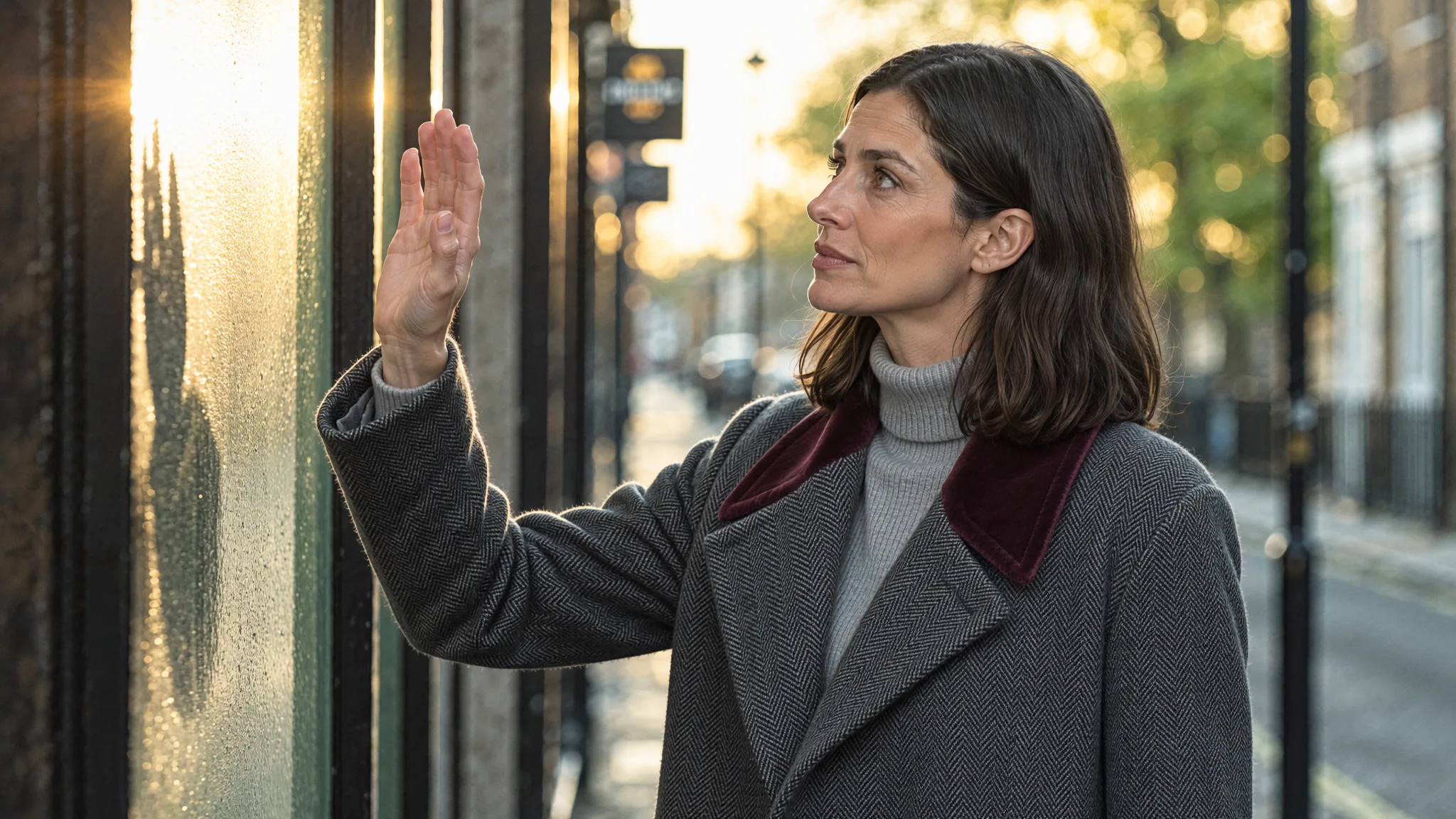 Mara raises an empty hand into the light, face in profile, before the words are spoken