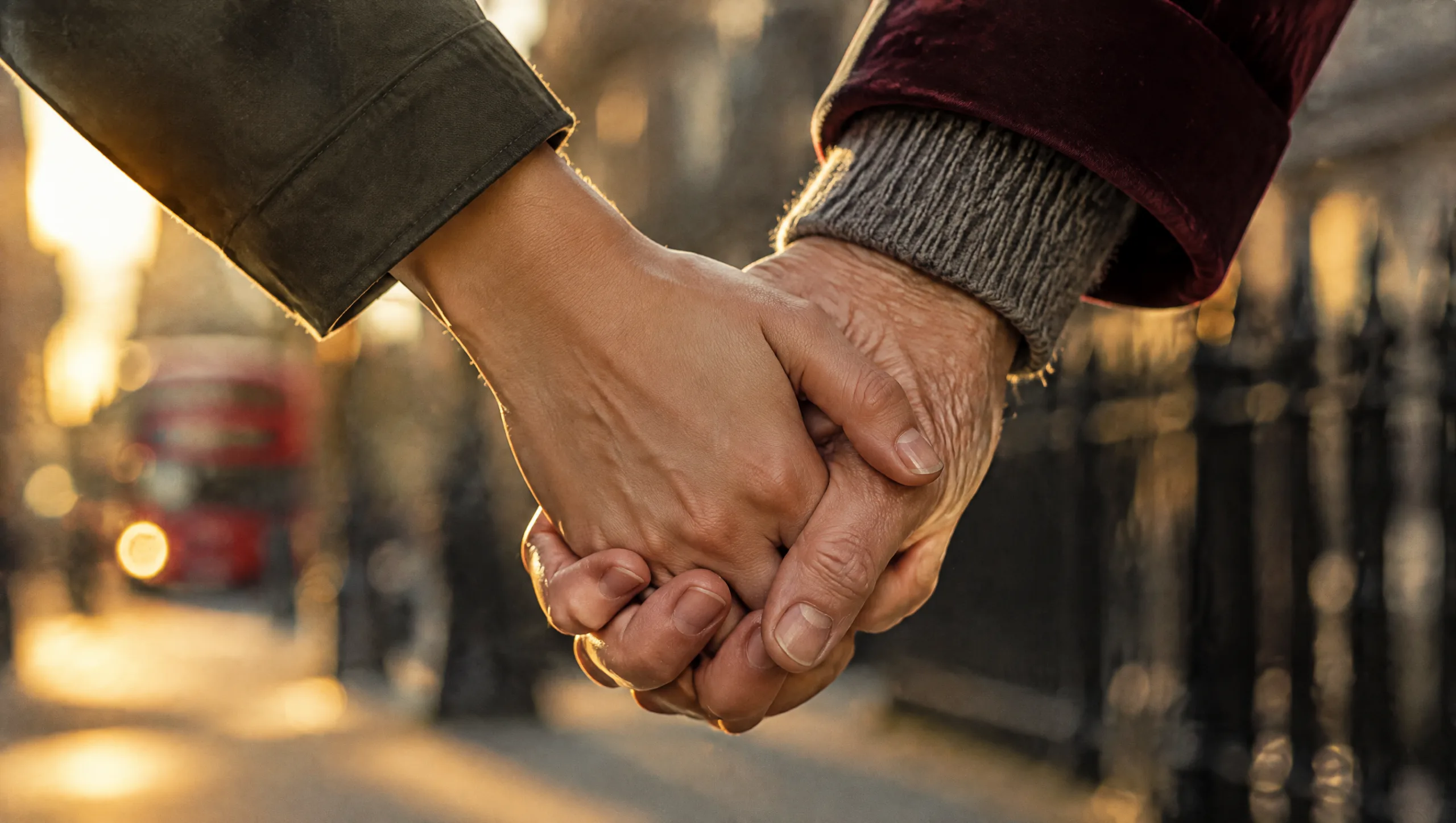 Extreme close-up of two hands held, a daughter's and a mother's, in low golden light on a London street