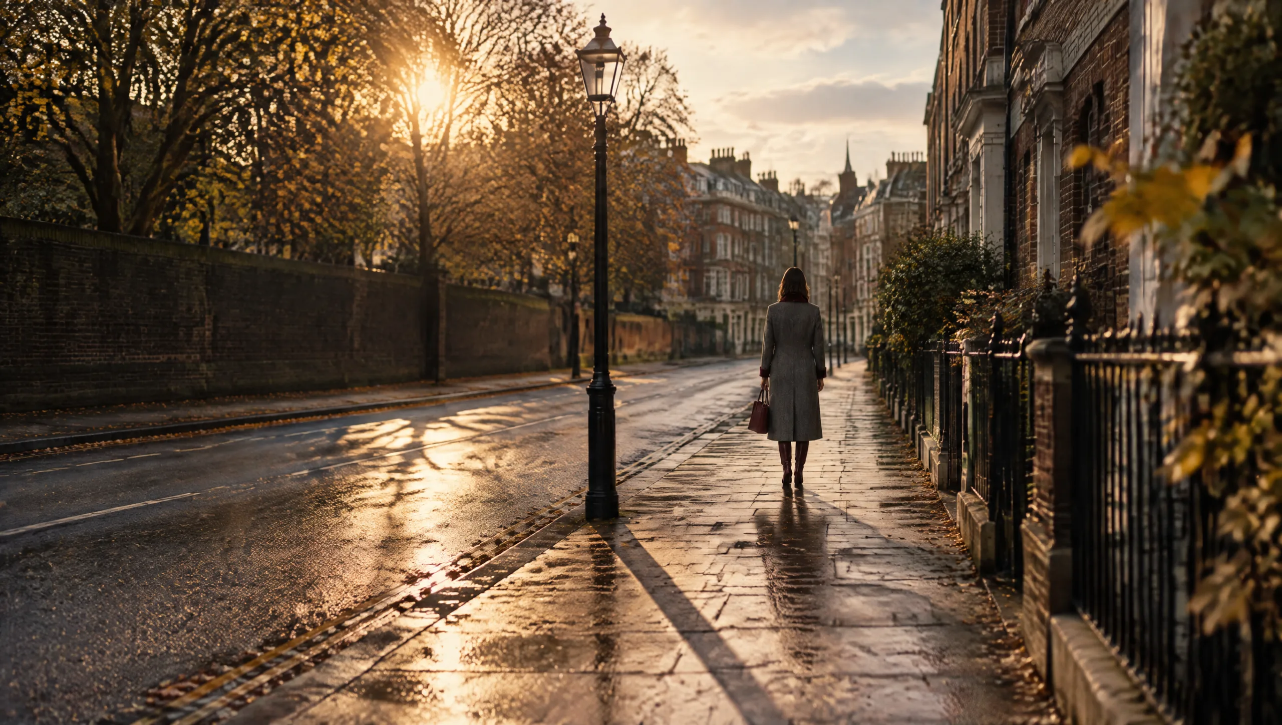 Extreme wide shot: a woman alone and small on an empty London street at golden hour, the shot size of distance
