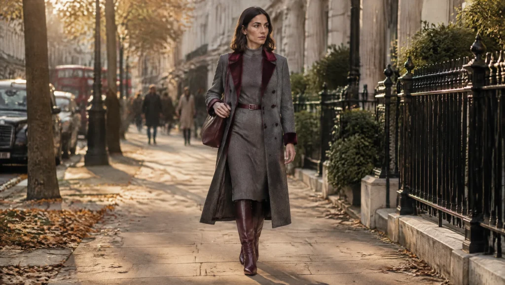 Full shot: a woman walking down a London pavement head to toe, calm and unaware, hand resting on her bag