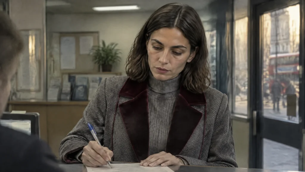 Medium close-up of a tired woman filling in a paper form at a counter under fluorescent light