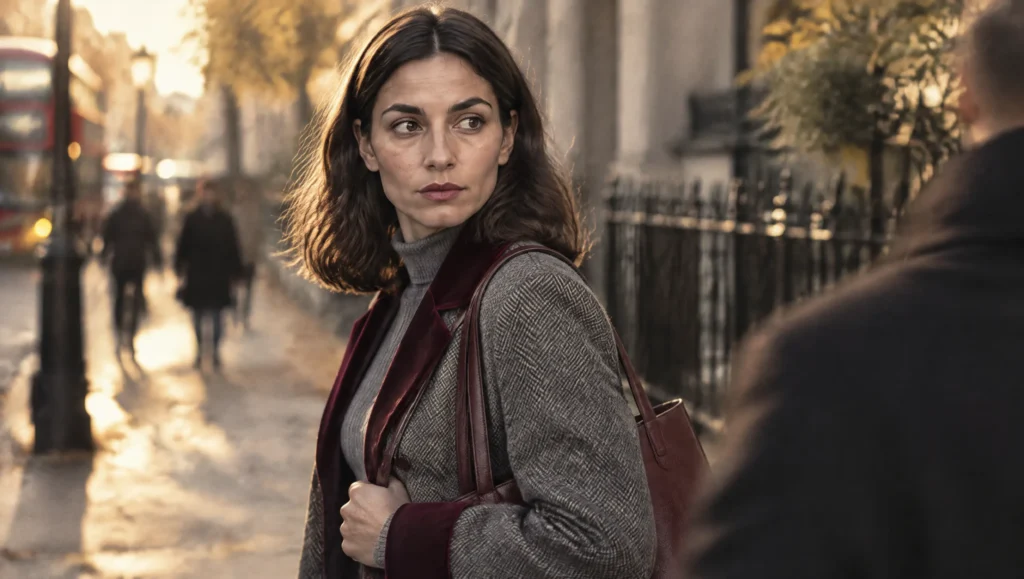 Medium shot of a woman turning her head after being bumped on a London street
