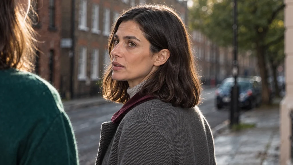 Over-the-shoulder shot of a woman turning to look back at her daughter on a London street at golden hour, the moment of recognition
