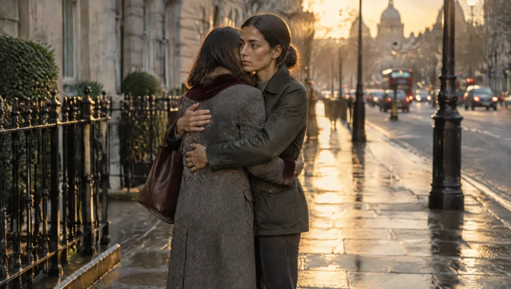 Mara and a figure embrace in a medium wide two shot, faces turned away from the camera