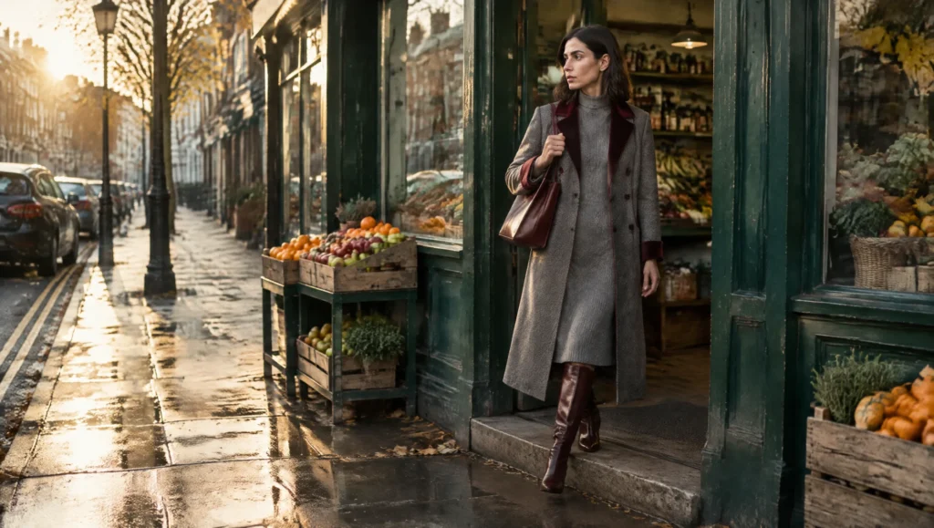 Wide shot: a woman in a grey herringbone coat stepping out of a London corner shop with her bag at golden hour, the ordinary world