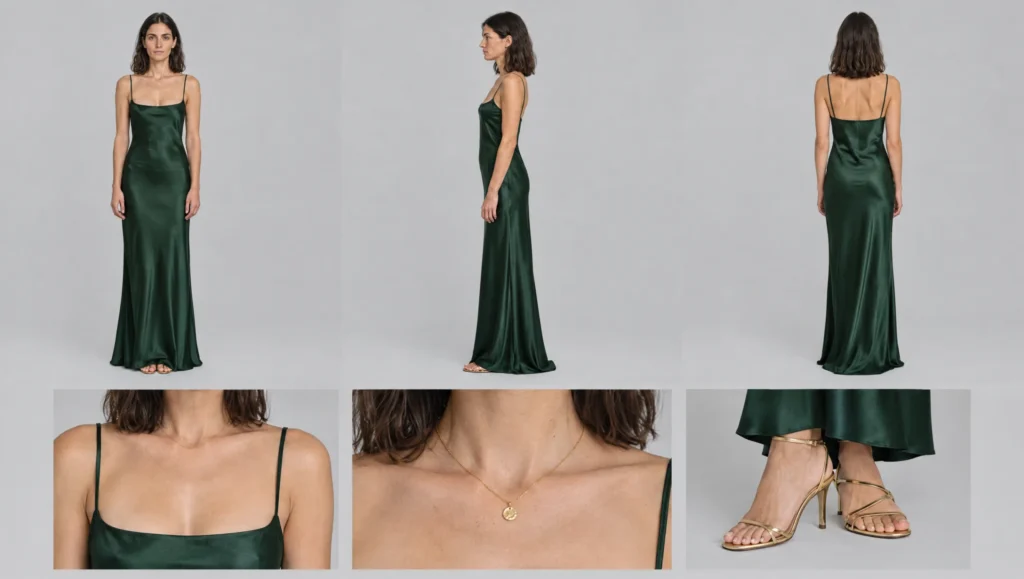 Outfit reference sheet of an AI character in a bottle green evening dress with front, side and back views and three detail close-ups