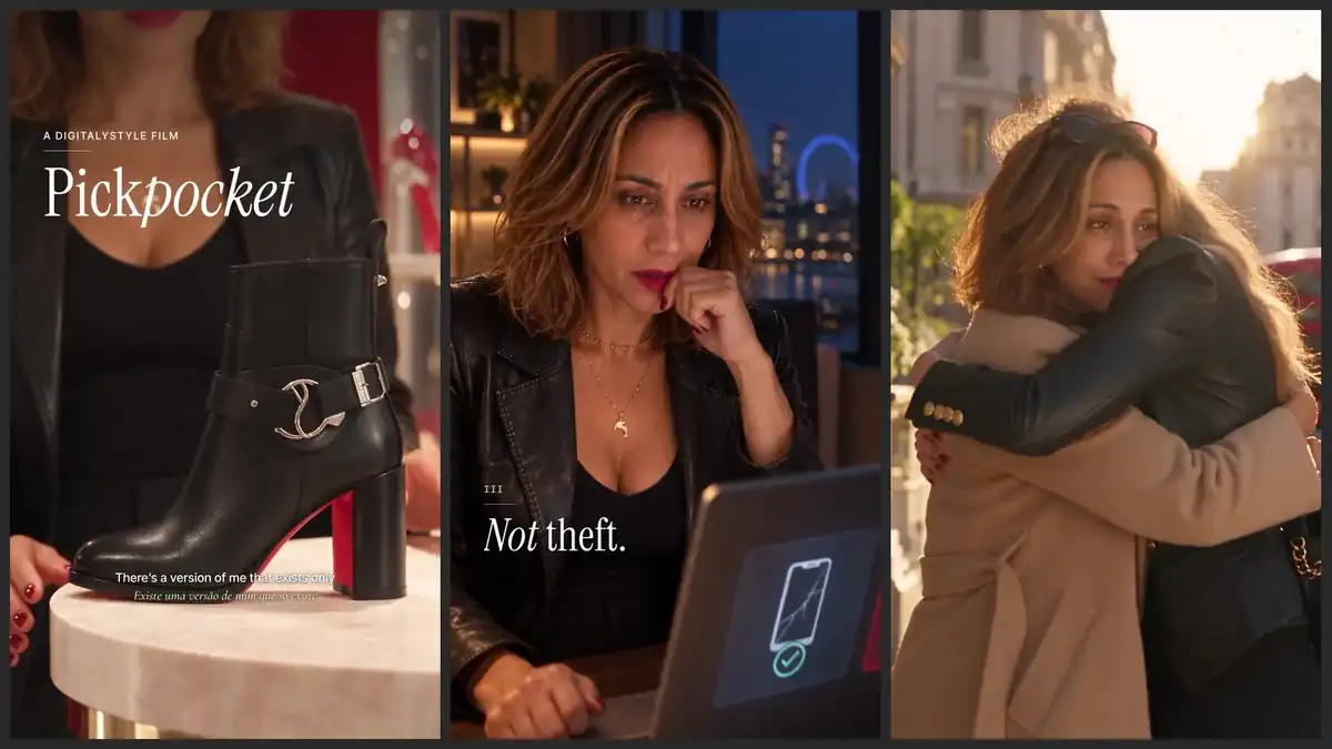 Three stills from the AI short film Pickpocket: the title card, a woman at a laptop, and an embrace on a London street