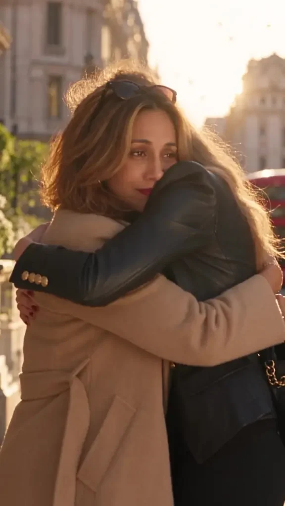 Mother and daughter embracing on a London street in golden light