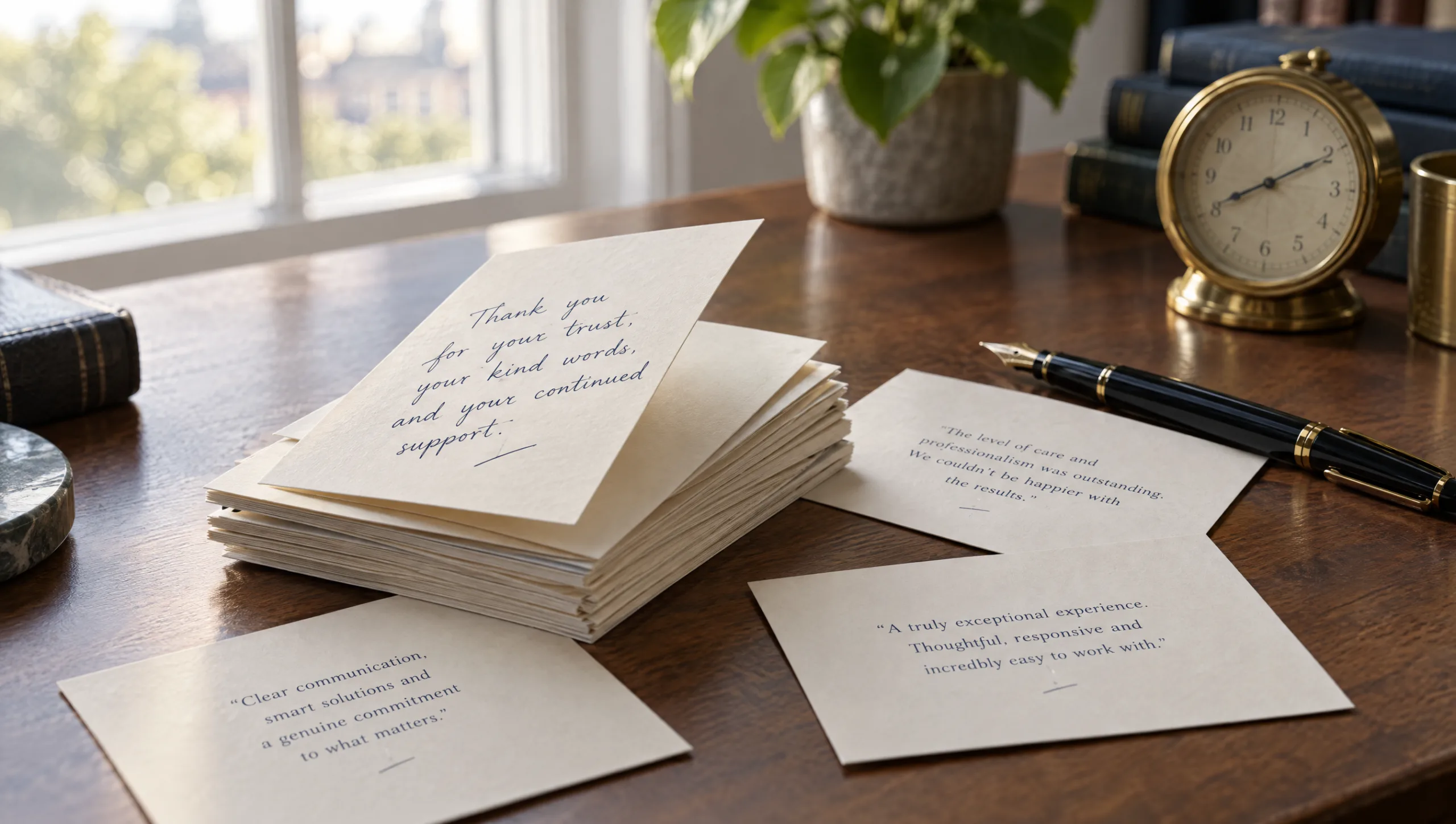 A stack of handwritten thank-you cards and client testimonials on a desk beside a fountain pen and a small clock