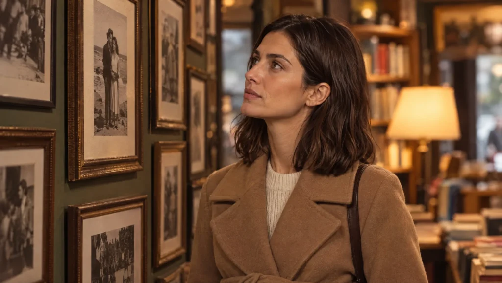 Close-up of an AI character recognising a photograph on a bookshop wall, the turn of a fifty-second story