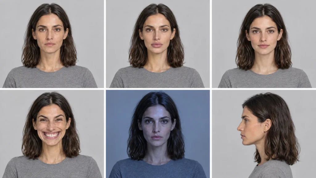 Six portraits of one AI character showing the six drift types: correct, feature drift, age drift, expression lock, lighting drift and angle collapse